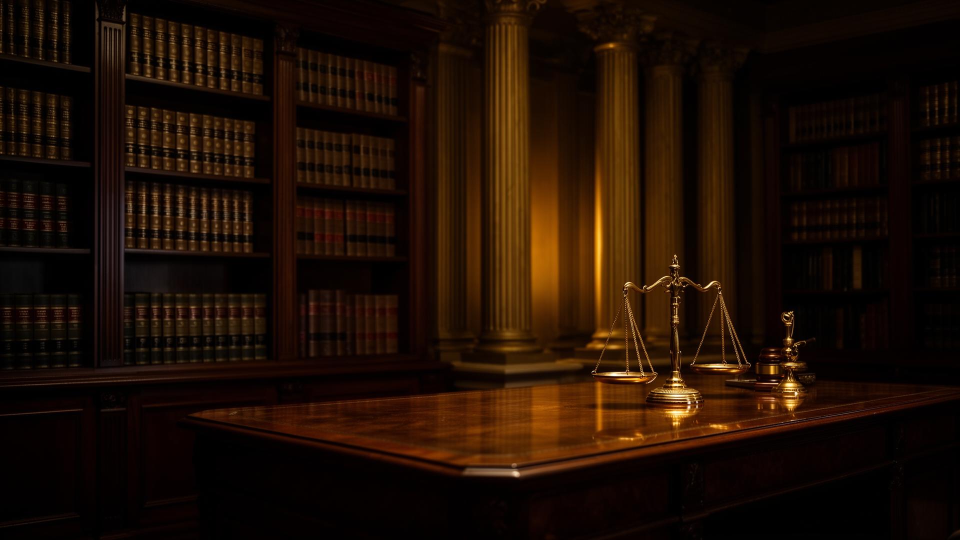 Biblioteca jurídica clássica com balança da justiça